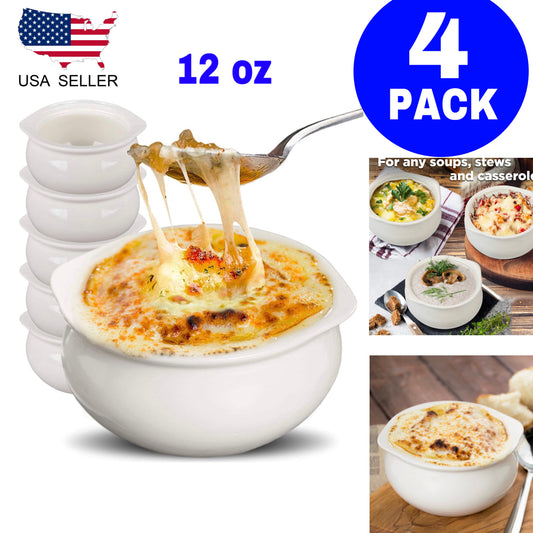 BBINGWARE Set of 4 French Onion Soup Crocks 12 oz White Ceramic Porcelain Bowls