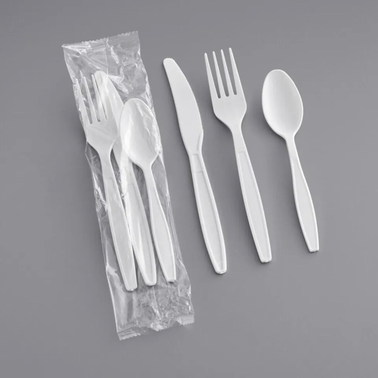 Wrapped White Heavy Weight Plastic Cutlery Packs with Knife, Fork, Spoon Party