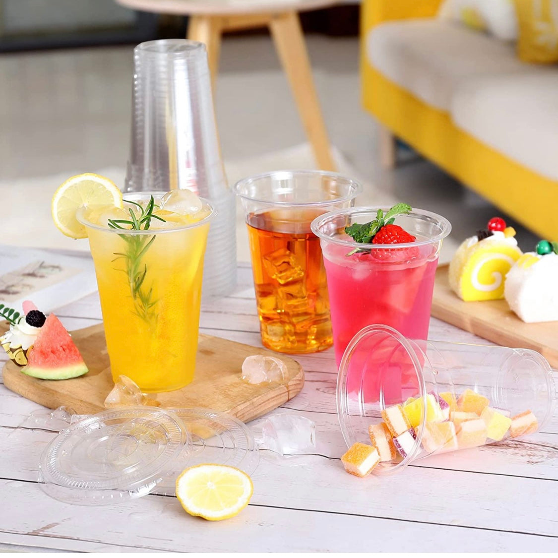 16 Oz Disposable Plastic Clear Cups with Flat Lids with Straw Slot BPA FREE
