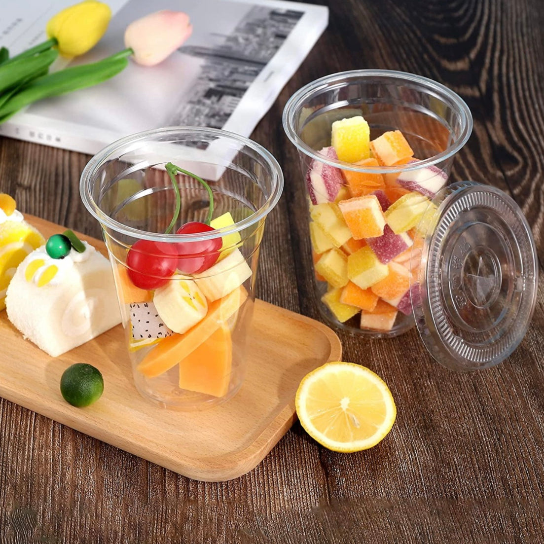16 Oz Disposable Plastic Clear Cups with Flat Lids with Straw Slot BPA FREE