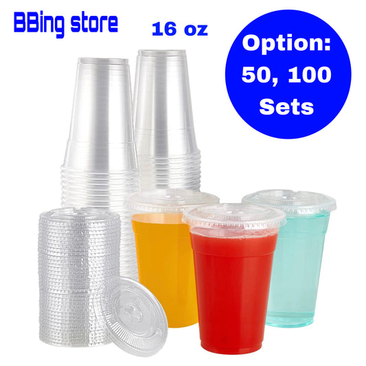 BBINGWARE 16 Oz Disposable Plastic Clear  Cups with Flat Lids with Straw Slot BPA FREE