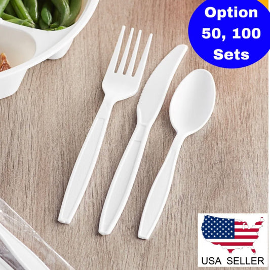 BBINGWARE Wrapped White Heavy Weight Plastic Cutlery Packs with Knife, Fork, Spoon Party