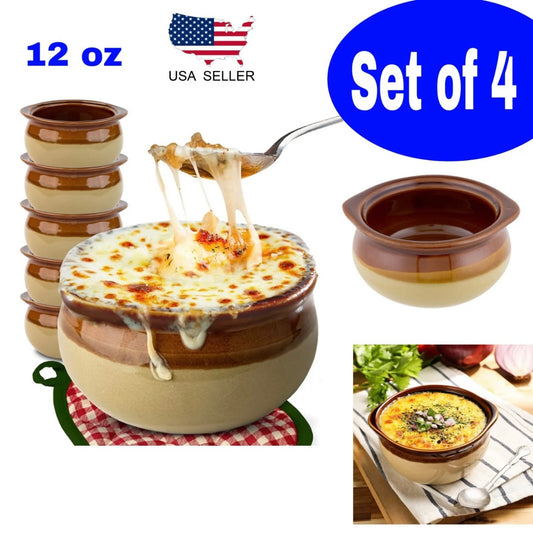 BBINGWARE Set of 4 French Onion Soup Crocks 12 oz Brown & Ivory Ceramic Porcelain Bowls