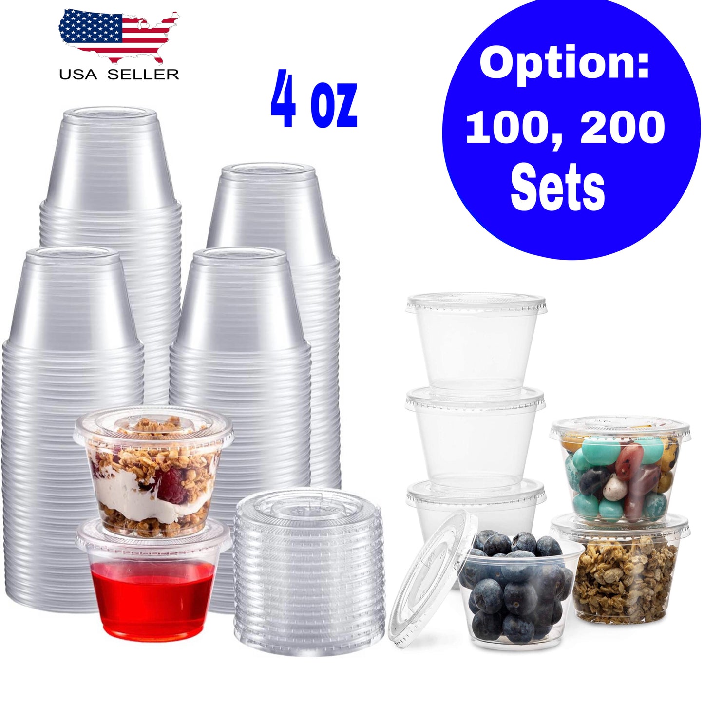 BBINGWARE 4 oz Plastic Clear Disposable Portion Cups with Lids for Sauce Cup BPA Free