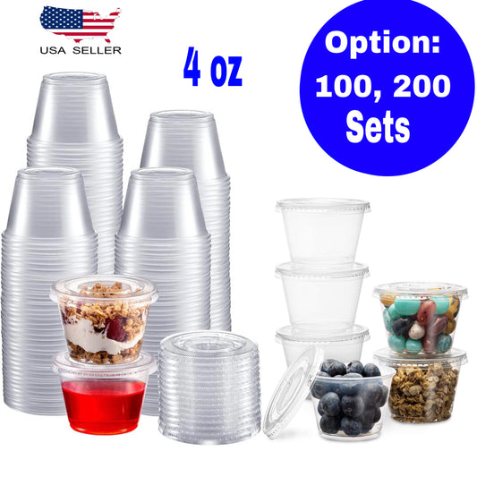 BBINGWARE 4 oz Plastic Clear Disposable Portion Cups with Lids for Sauce Cup BPA Free