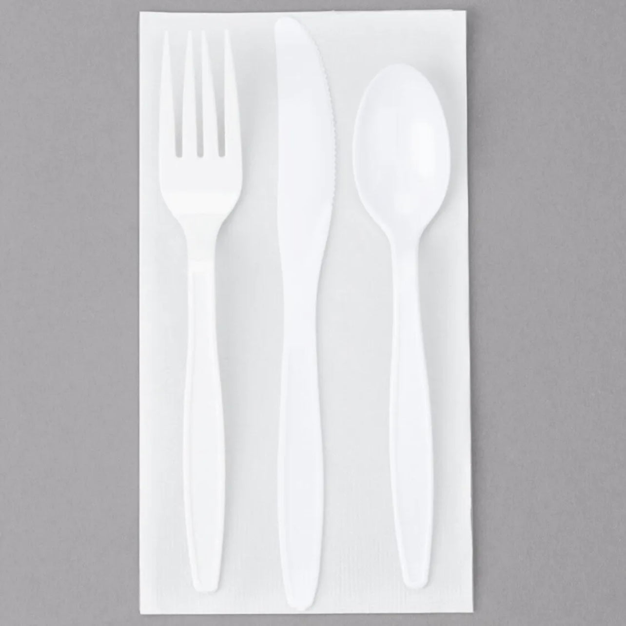Wrapped White Heavy Weight Plastic Cutlery Packs with Knife, Fork, Spoon Party