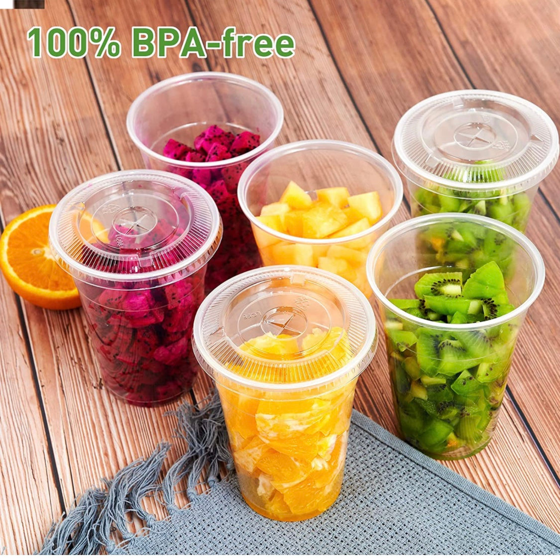 16 Oz Disposable Plastic Clear Cups with Flat Lids with Straw Slot BPA FREE