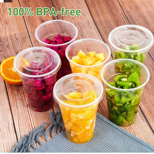 BBINGWARE 16 Oz Disposable Plastic Clear  Cups with Flat Lids with Straw Slot BPA FREE