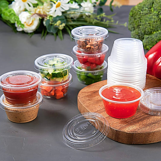 BBINGWARE 2 oz Plastic Clear Disposable Portion Cups Sauce Souffle Cup With Lids BPA Free