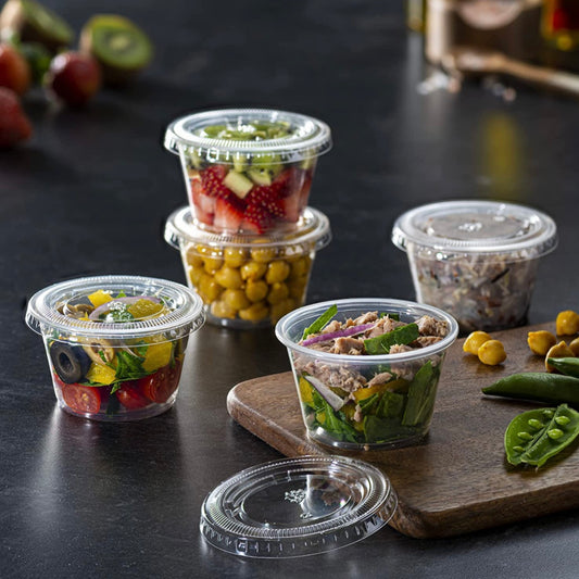BBINGWARE 4 oz Plastic Clear Disposable Portion Cups with Lids for Sauce Cup BPA Free