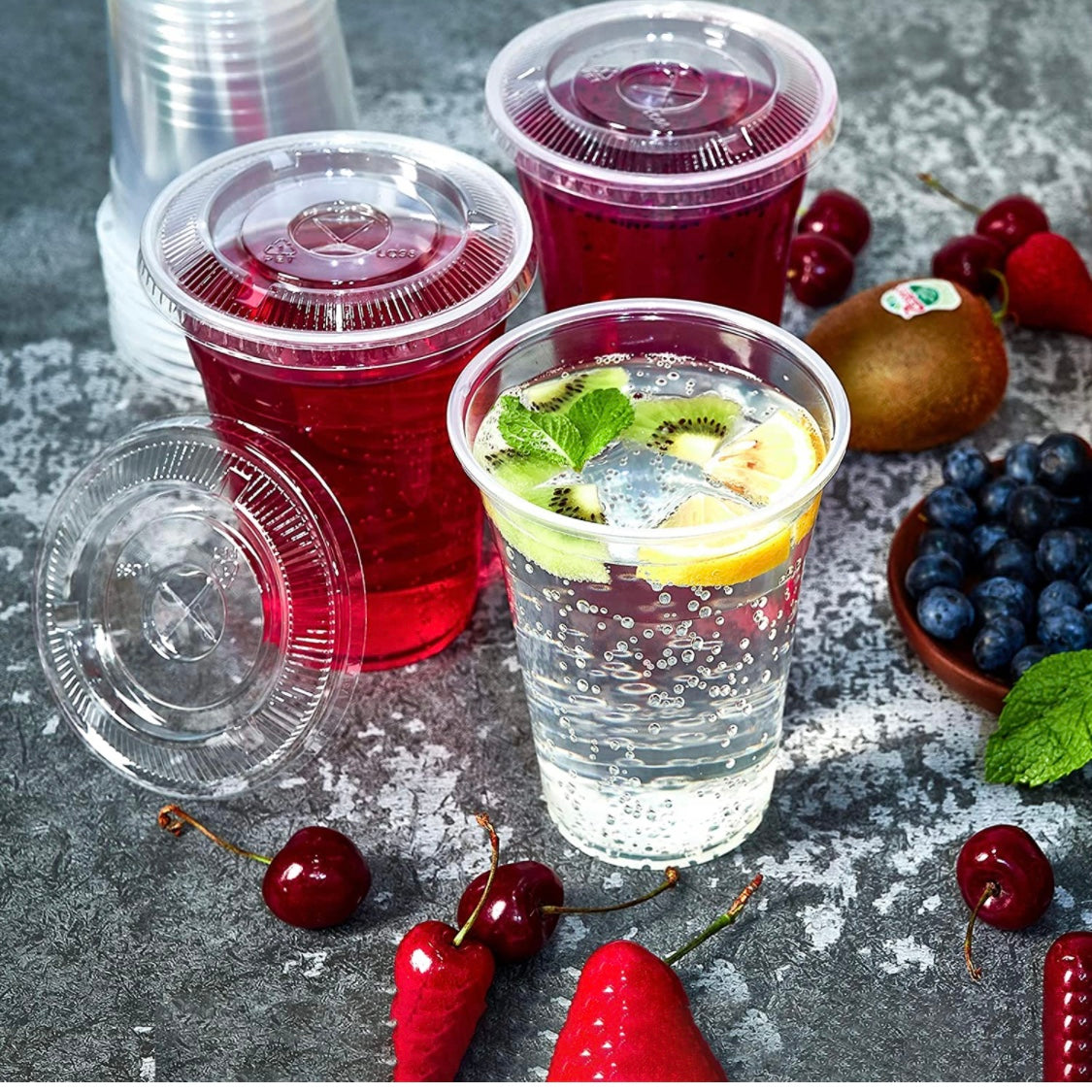 16 Oz Disposable Plastic Clear Cups with Flat Lids with Straw Slot BPA FREE