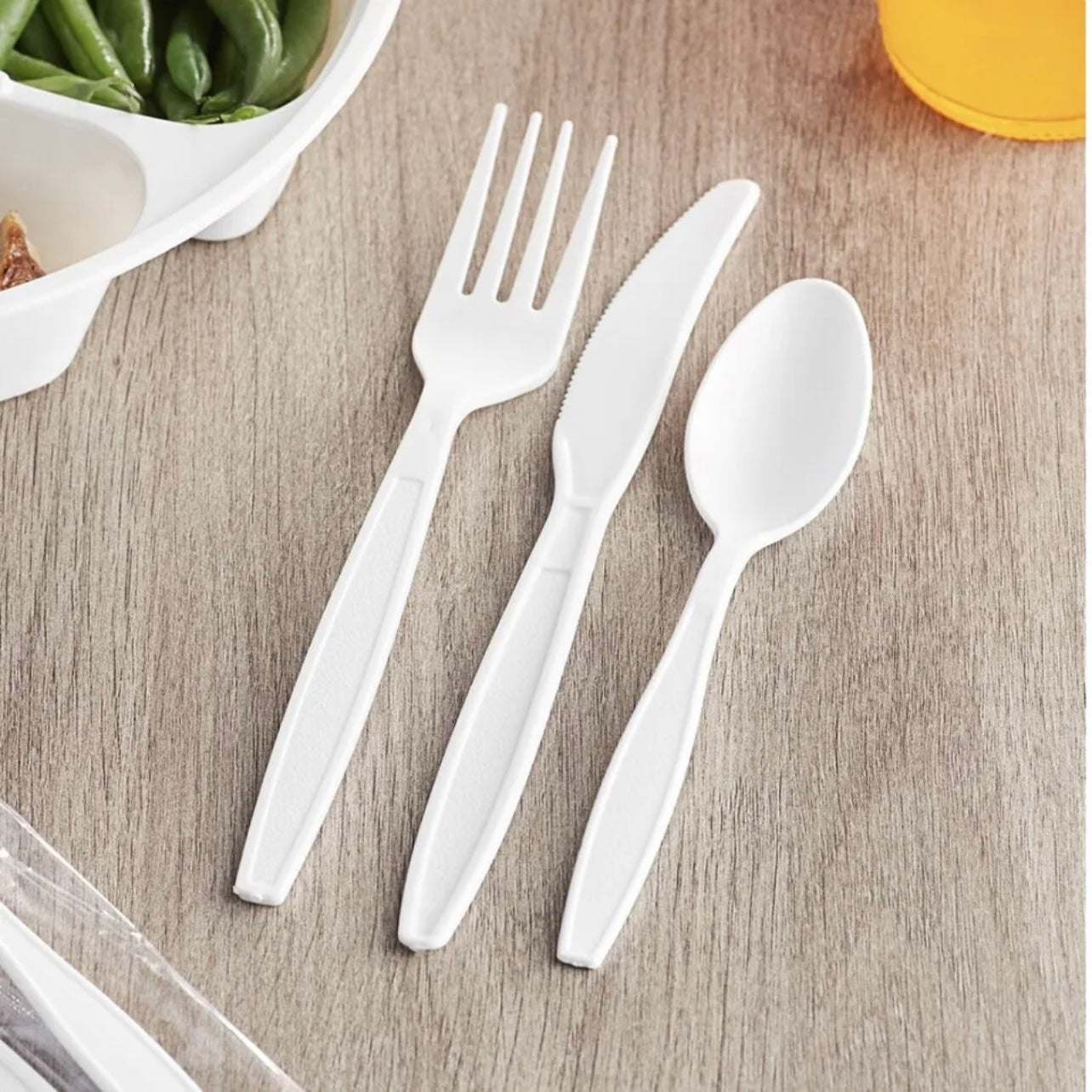 Wrapped White Heavy Weight Plastic Cutlery Packs with Knife, Fork, Spoon Party