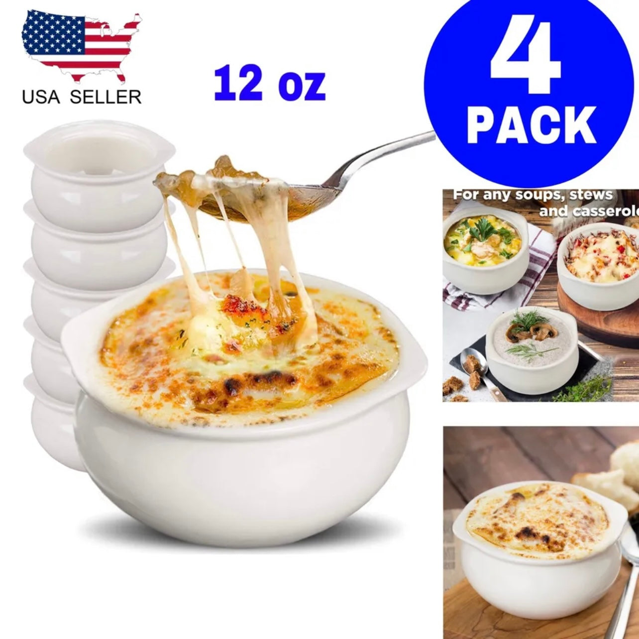 Set of 4 French Onion Soup Crocks 12 oz White Ceramic Porcelain Bowls