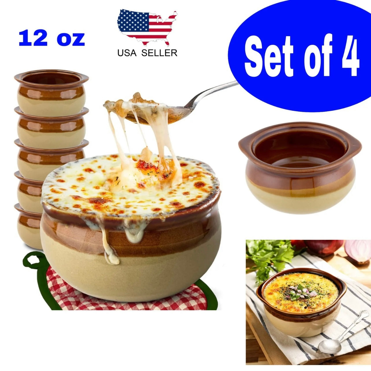 Set of 4 French Onion Soup Crocks 12 oz Brown & Ivory Ceramic Porcelain Bowls