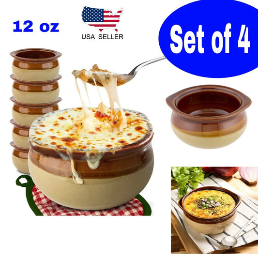 Set of 4 French Onion Soup Crocks 12 oz Brown & Ivory Ceramic Porcelain Bowls
