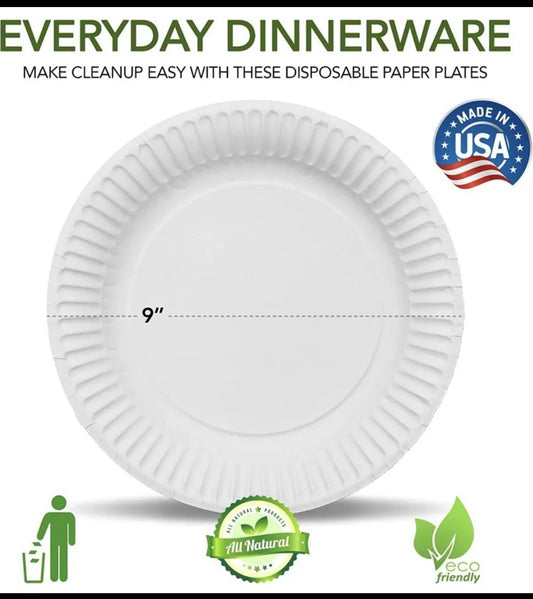 9 in Everyday Disposable Paper Plates Uncoated Party 100 or 200 Plate Made in US