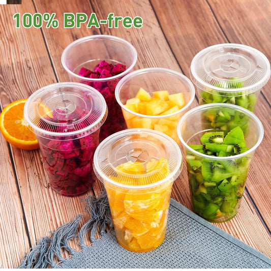 16 Oz Disposable Plastic Clear  Cups with Flat Lids with Straw Slot BPA FREE
